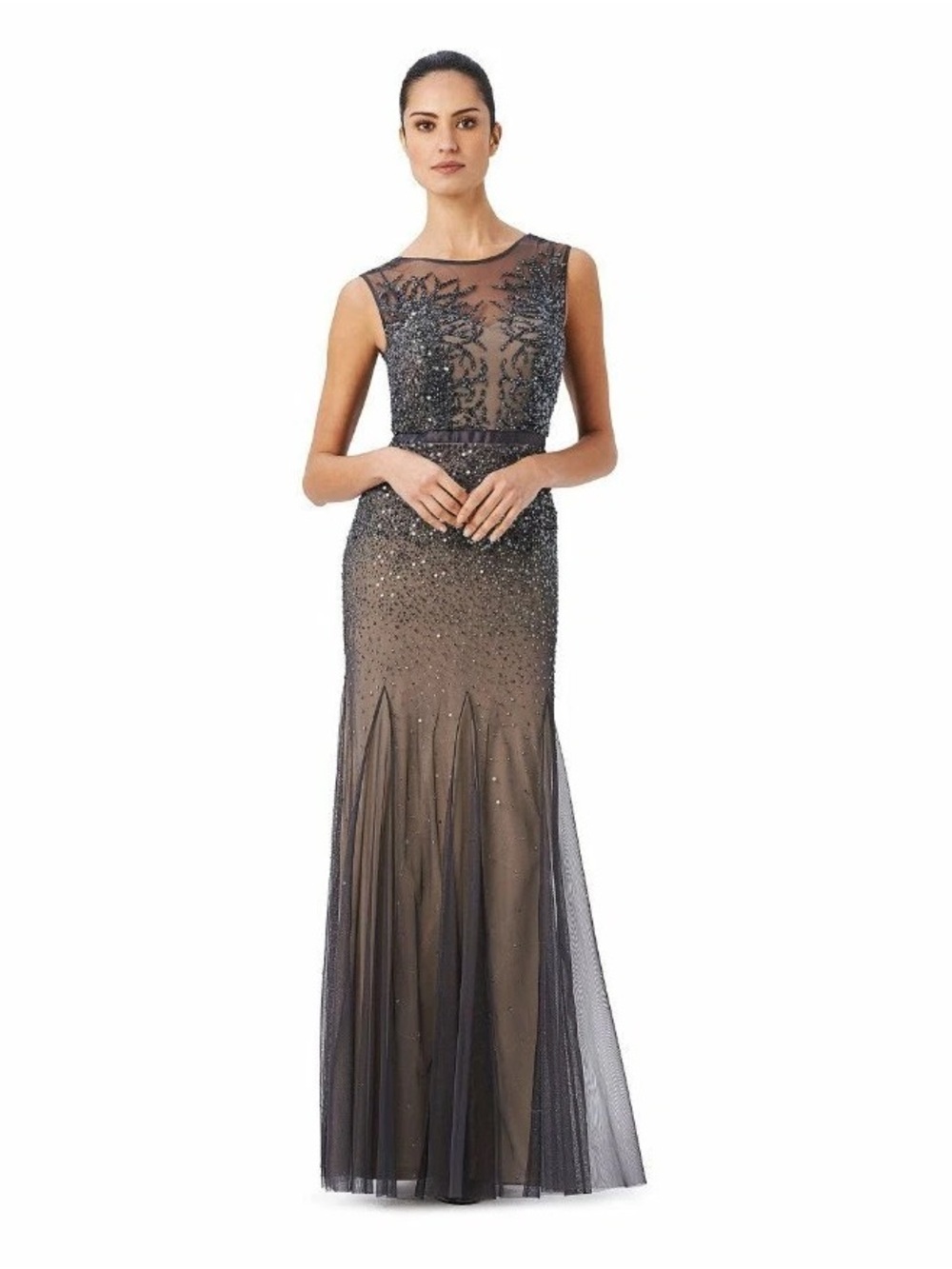 Adrianna Papell Long Bead Gown Illusion Top - Prom or Mother of the Bride Dress